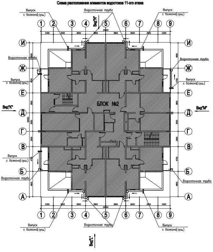 The layout of the elements of the gutters of the 11th floor